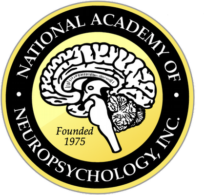 A gold and black circular logo for the National Academy of Neuropsychology, Inc. featuring a detailed illustration of a brain and cerebellum, with the words 