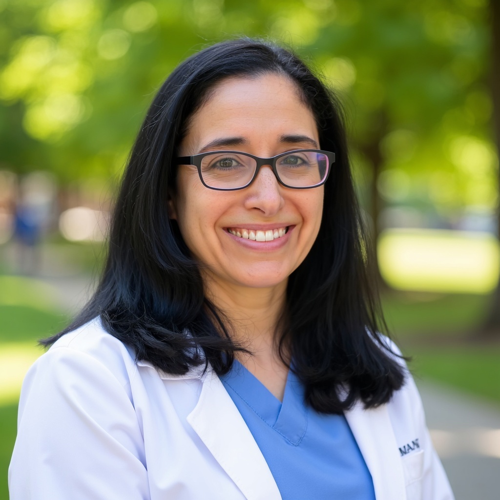 A woman with long dark hair and glasses, wearing a white lab coat and blue scrubs, smiles outdoors with green trees and sunlight in the background.