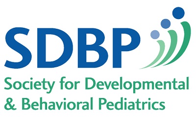 The SDBP logo shows the acronym “SDBP” in large blue letters, with “Society for Developmental & Behavioral Pediatrics” written below in green and blue. To the right are curved lines and dots forming an abstract design.